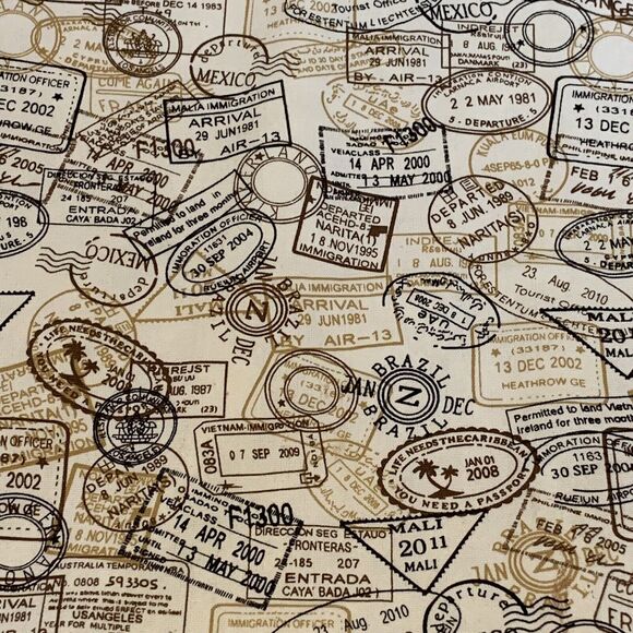 Retro Brown Fabric Cloth Shower Curtain Vintage Traveler Passport Stamps 72 x 66 - Picture 1 of 4